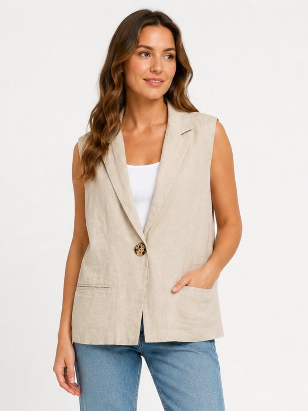 Petal & Pup Trula Oatmeal Linen Blend Sleeveless Blazer Vest M